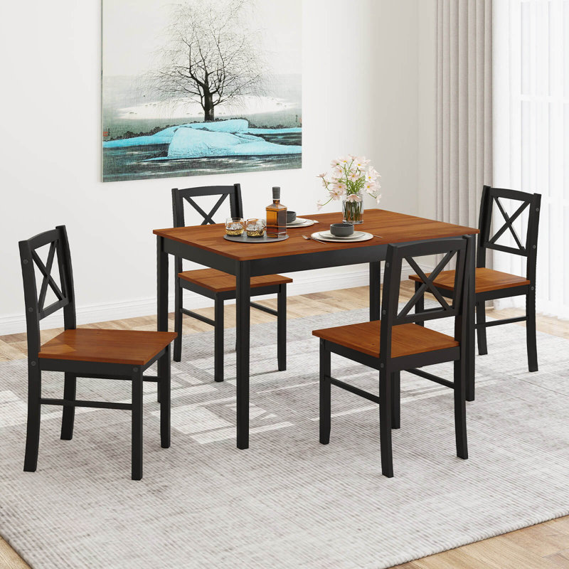 5 Piece Dining Table Set for 4 People with Rubber Wood Legs, Cross Backrest