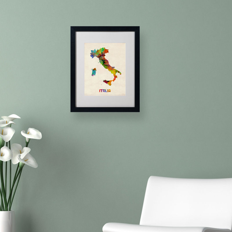 « italie map aquarelle » par michael tompsett, impression encadrée encadrée, H 14 po x l 11 po x P 0,5 po, Noir