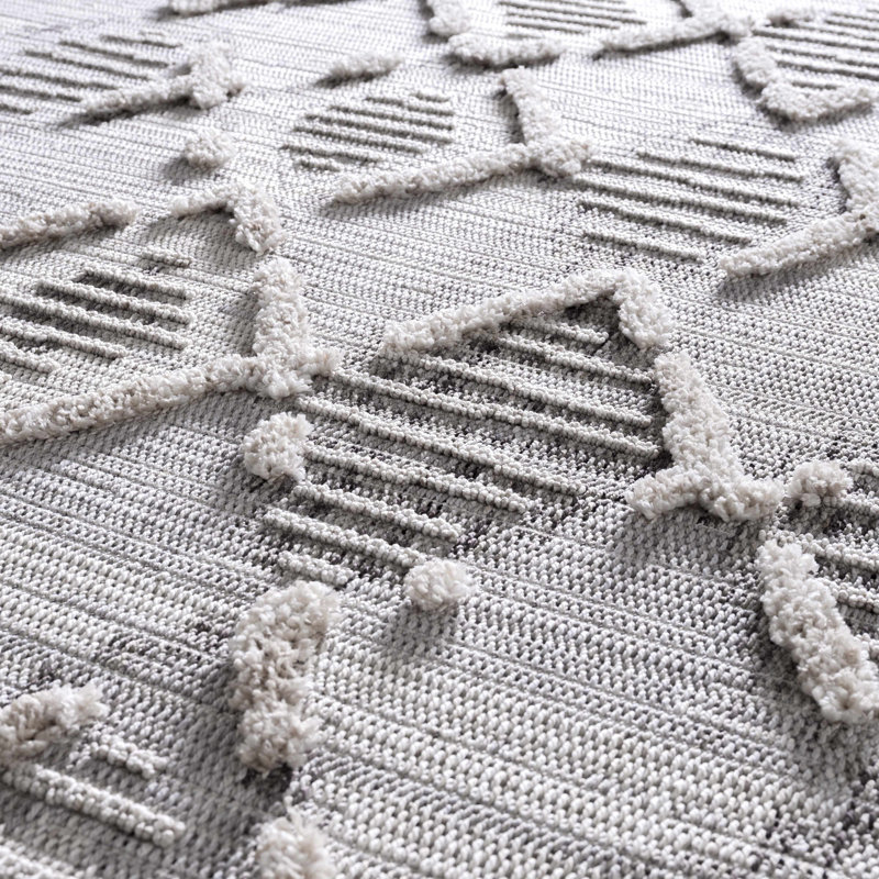 Tapis gris géométrique en polyester tissé à la machine, Tapis de couloir 2 pi 7 po x 7 pi 3 po