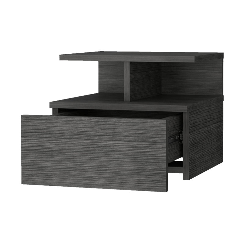 Table de chevet en chêne avec 2 tablettes et tiroir pour un rangement pratique dans la chambre à coucher, Gris béton
