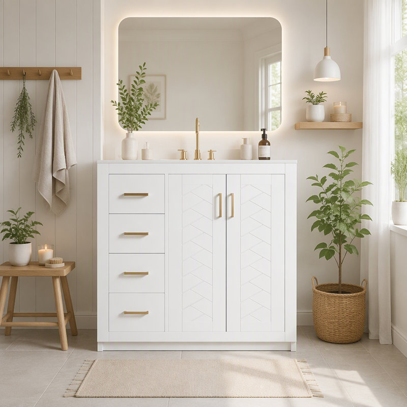 Meuble-lavabo de 91 cm (36 po) avec lavabo en céramique, meuble autoportant à 1 porte et 3 tiroirs, structure en bois massif et MDF, style moderne, gris