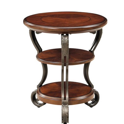 Ornate Brown Cherry Side Table With Open Storage, 22"L X 22"W 26 1/2"H, Solid Wood And Metal Wood, Bottom Shelf, 1/2"H