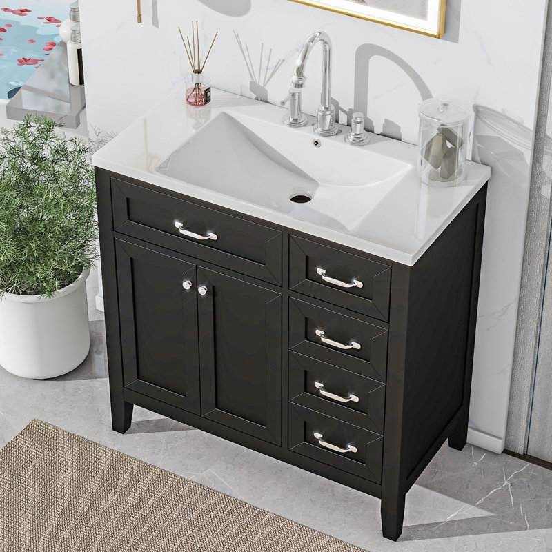 Meuble-lavabo simple avec plateau en céramique 35,98 po., Noir
