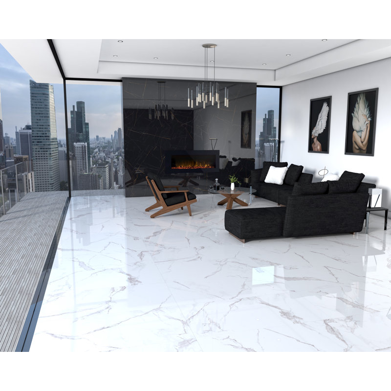 23" x 47" Straight Edge Porcelain Singular Wall & Floor Tile, White/ Gray