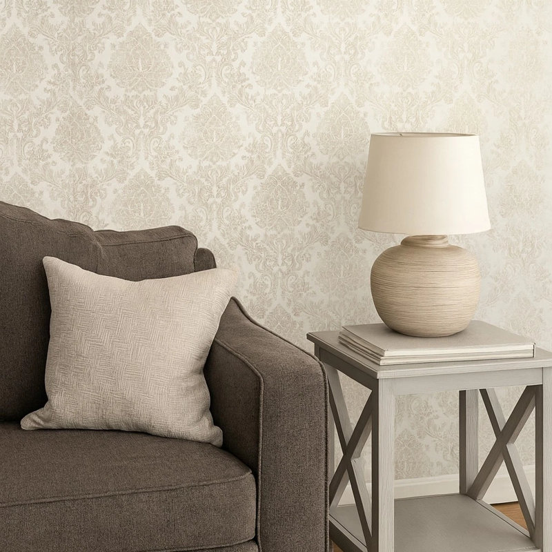 Ivoire, beige, crème, paillettes dorées, damas victorien, papier peint texturé