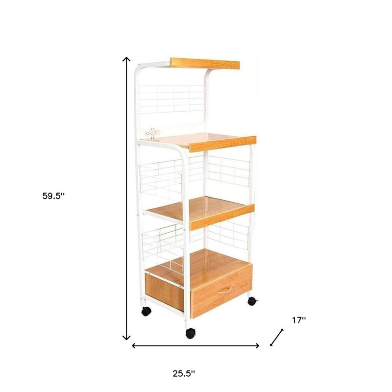 59.5" Tall 3-Tier Microwave Kitchen Cart with Drawer and Outlet, White and Natural, White/Oak