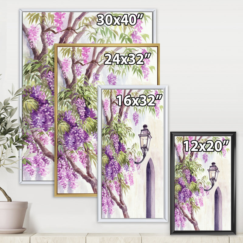 Wisteria and Lantern - reproduction sur toile, Toile avec cadre noir, H 32 po x l 16 po x P 1 po