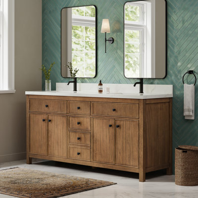 Meuble-lavabo double 72 po Rian en noyer grillé, comptoir en quartz Giotto, lavabos carrés encastrés (1 trou), garniture noir mat