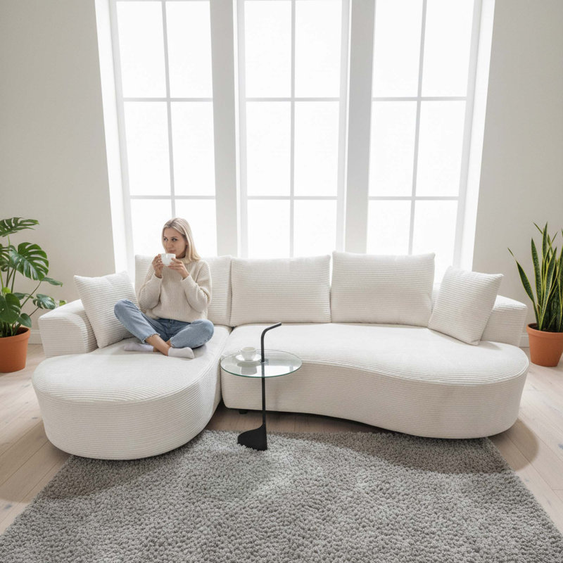 Ensemble de canapé modulaire courbé 2 pièces avec coussins, mobilier de salon ergonomique minimaliste, sièges modernes, sans assemblage, canapé et méridienne, beige