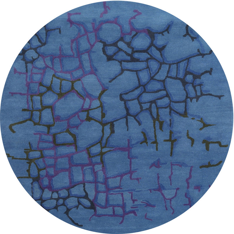 Tapis bleu / noir en laine et polyester tissé à la machine à motif abstrait, Rond 5 pi