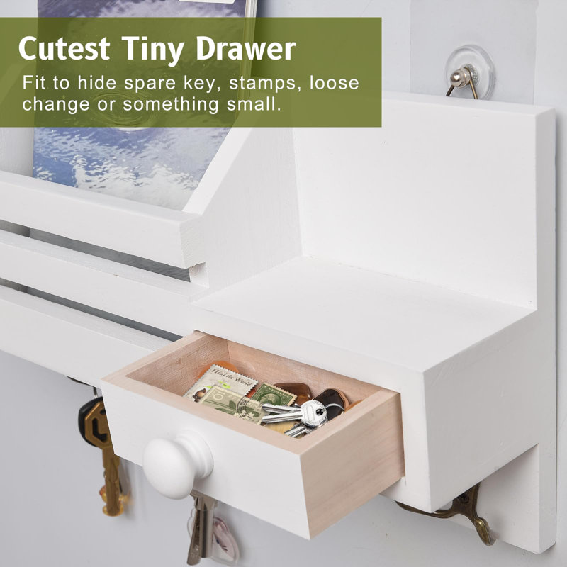White Wooden Wall-Mounted Key and Mail Organizer with Drawer