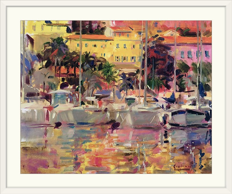 «Anjuman Golden Harbor Vista» par Peter Graham, reproduction d'art, H 32 po x l 38 po x P 1 po, Cadre blanc