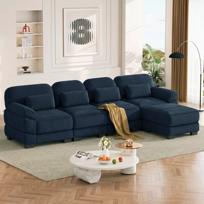 Canapé d'angle modulaire en velours côtelé de 336 cm (132,3 po), canapé 4 places rembourré avec coussins d'assise épais et confortables pour salon, chambre et appartement, bleu