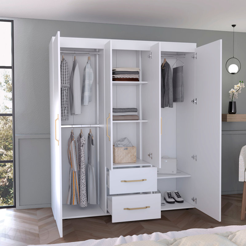 Garde-robe, rangement multi-sections avec tringles de suspension, tablettes et 2 tiroirs, Blanc