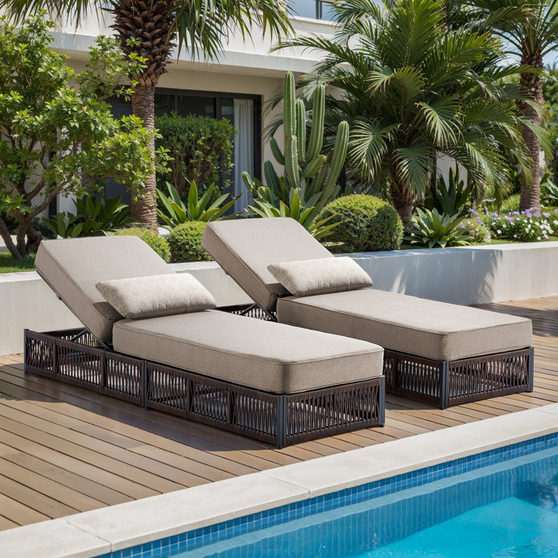 Clybourn Outdoor Patio Swimming Pool Adjustable Wicker Chaise Lounge Chair With Cushion (Set Of 2), Beige