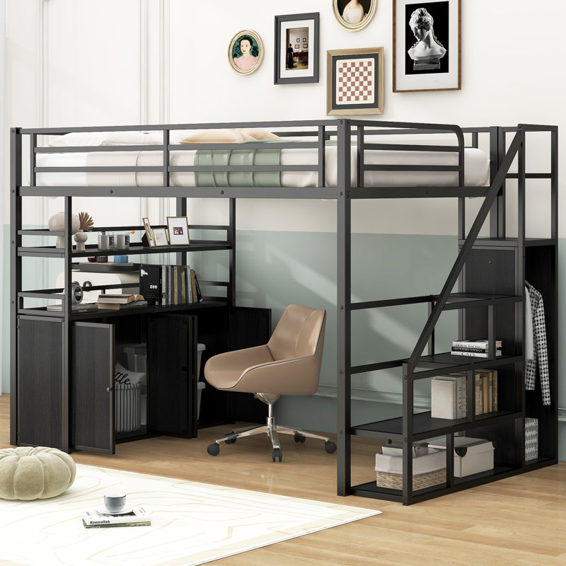  Lit mezzanine double en métal avec escalier de rangement, garde-robe intégrée, tablettes ouvertes et casiers, noir, Noir