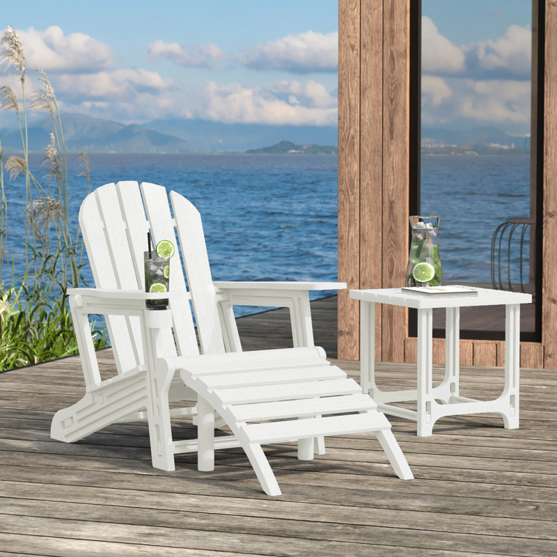 Outdoor Poly 3-Piece Set Adirondack Chair With Ottoman And Side Table, White
