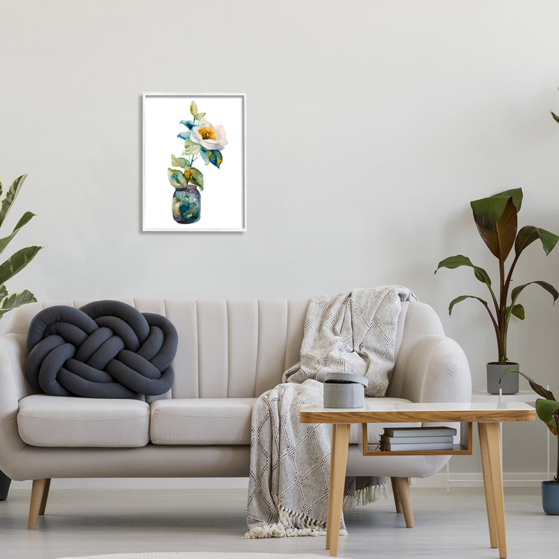 Arrangement floral blanc abstrait, H 16 po x l 16 po x P 1,5 po, Giclée encadrée blanc bord de mer