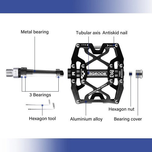 Pédales de vélo de montagne en alliage d'aluminium 9/16 po, plat avec 3 roulements, ajustement universel