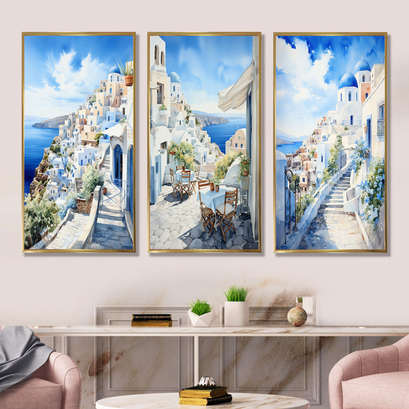 Village grec côtier I - Grèce, ensemble de 3 impressions sur toile, Cadre flottant doré, H 32 po x l 48 po
