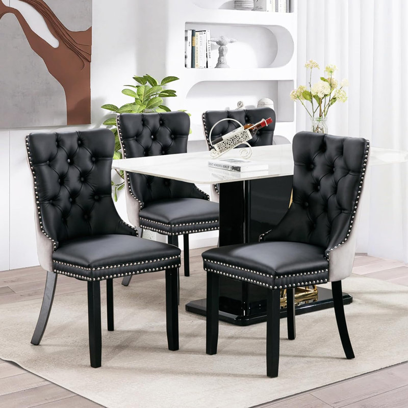 Chaises de salle à manger, chaise de salle à manger rembourrée haut de gamme avec anneau clouté, Noir, Blanc / velours bleu