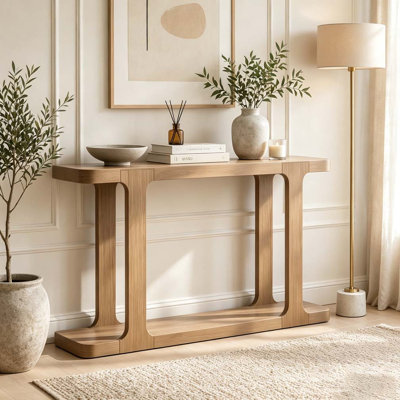 50" Minimalist Modern Console Table, Inlaid Assembly Design, Solid Wood Legs, Pine Veneer, Thick Tabletop & Bottom Shelf, Entryway Sofa Table