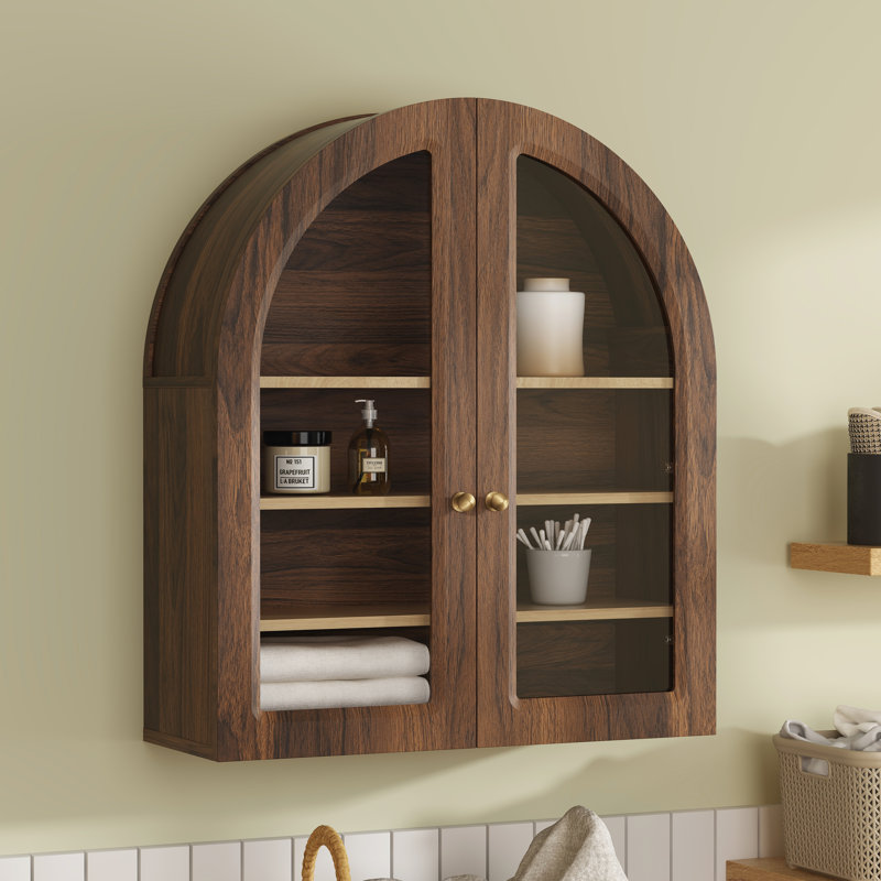 Modern Arch Wall-Mounted Storage Cabinet – Adjustable Shelf, Copper Handle, 22Lbs Load Capacity Per Shelf, Brown