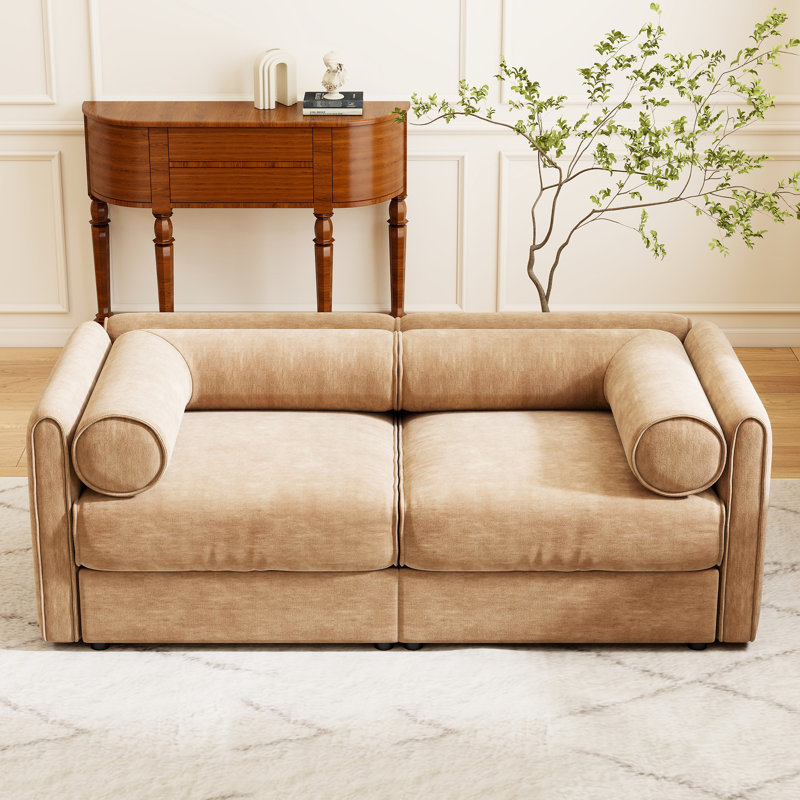 Canapé 2 places Camel Chenille avec rangement, dossier cylindrique, design moderne et ergonomique discret, montage rapide et facile, tissu de qualité, espace de rangement, soutien optimal, schéma de montage simple