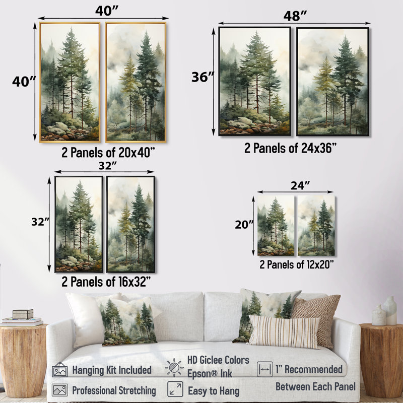 «Pine Tree Misty Morning II», reproductions d'art traditionnel sur toile, 40" H x 40" W, Impression encadrée flottante, Black