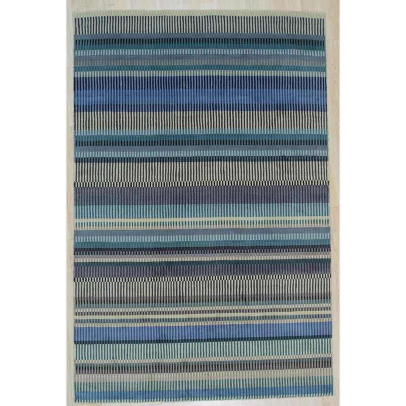 Hand-Knotted Blue Striped Wool 4' x 6' Area Rug