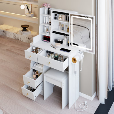 Petit meuble-lavabo de 29,2 po avec tiroir à gauche + tabouret rembourré, 2 blocs d'alimentation CA + 2 ports USB, support pour séchoir à cheveux, très grand miroir à DEL coulissant à contrôle tactile, changement de luminosité tricolore, réglage de la luminosité