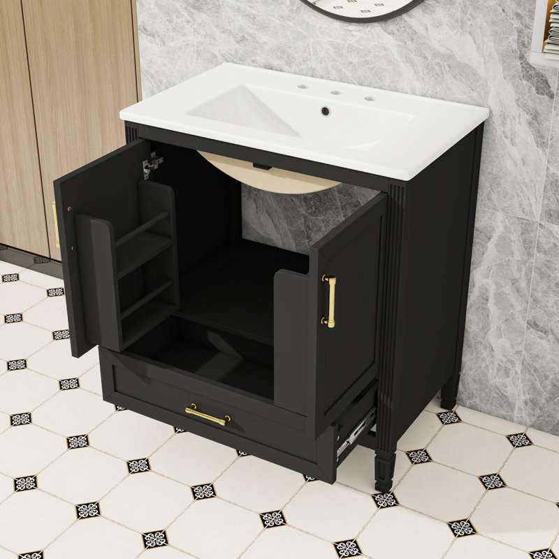 Meuble-lavabo autoportant élégant avec lavabo en céramique, rangement à fermeture en douceur et porte à double couche, Black