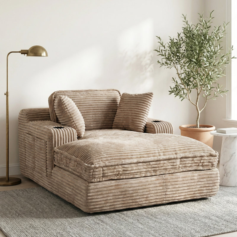 Méridienne surdimensionnée de 67 po pour l'intérieur, canapé doux sans os avec 3 coussins, 4 poches latérales et 2 porte-gobelets, canapé-lit confortable en velours côtelé pour le salon