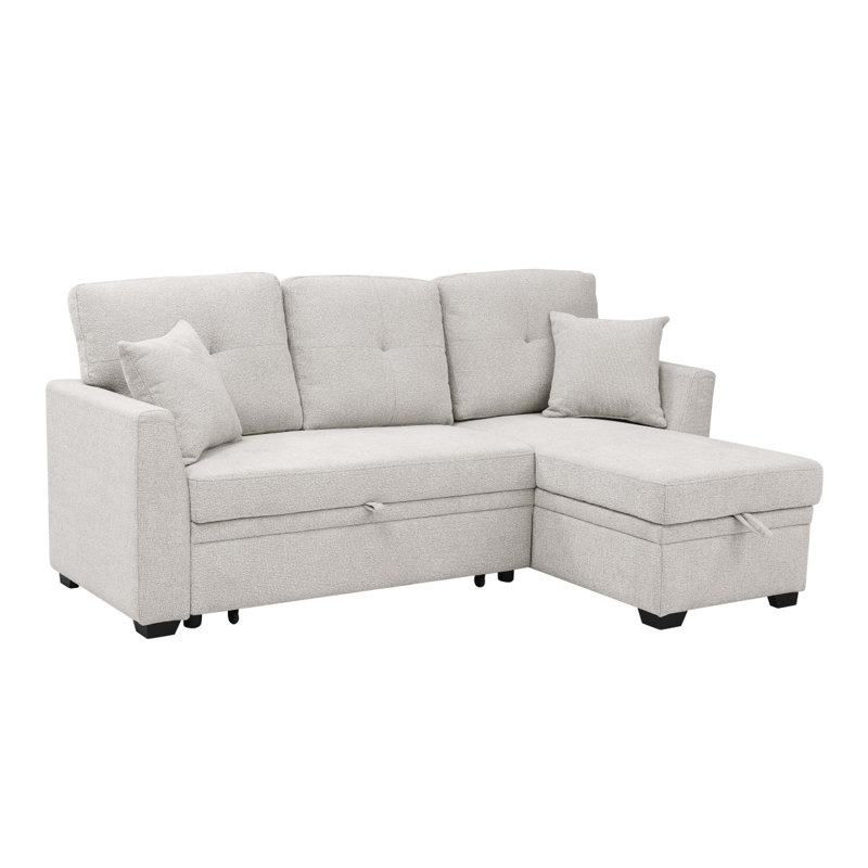 76.5" Linen Blend Upholstered Sectional With Pullout Bed And Chaise Storage, Beige