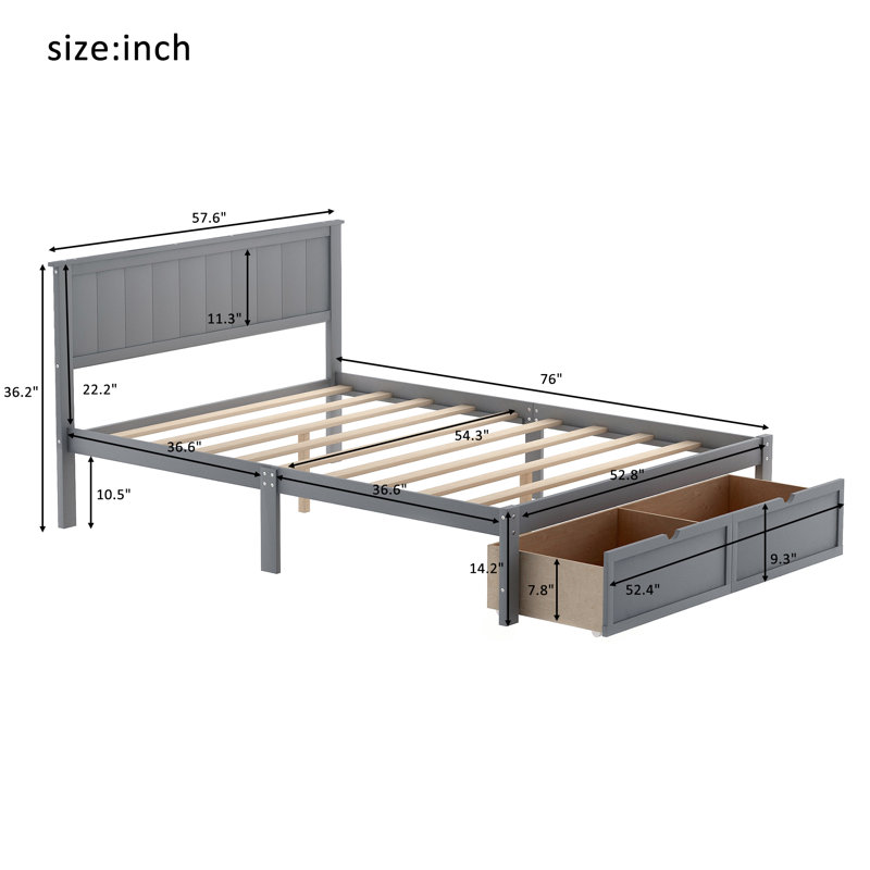 Solid Wood Platform Storage Bed, Gray, Full