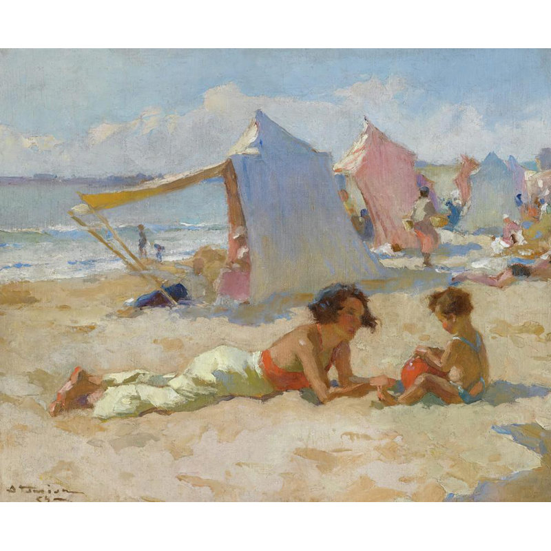 "Jouant sur la plage" par Charles Atamian - Art mural sur toile tendue avec châssis, H 48 po x l 33 po