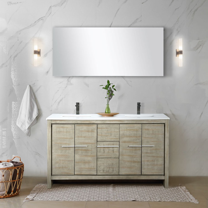 Ensemble de miroir de meuble-lavabo double 60 po x P 20 po Lafarre, Acacia rustique, Marbre de culture blanc