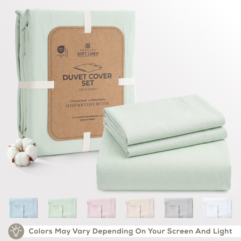 Ensemble de housse de couette 100% coton percale uni - Comprend 1 housse de couette et 2 taies décoratives, Vert sauge