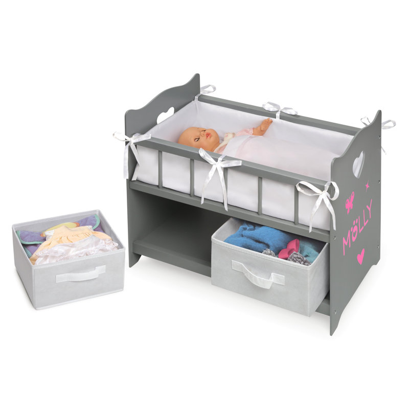 Executive Gray and White Wooden Doll Crib with Storage Baskets