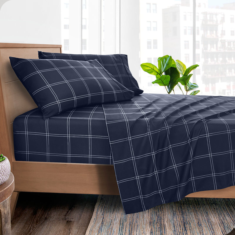 Sheet Set - Ultra-Soft Microfiber Bed Sheets - Double Brushed - Deep Pockets - Easy Fit, Modern Plaid - Midnight/White