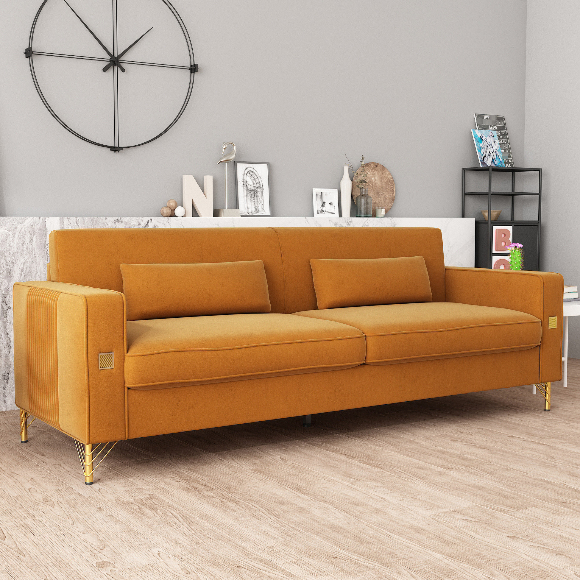 Latitude Run® Modern 2 Couch With Velvet Upholstery And Golden Accents ...