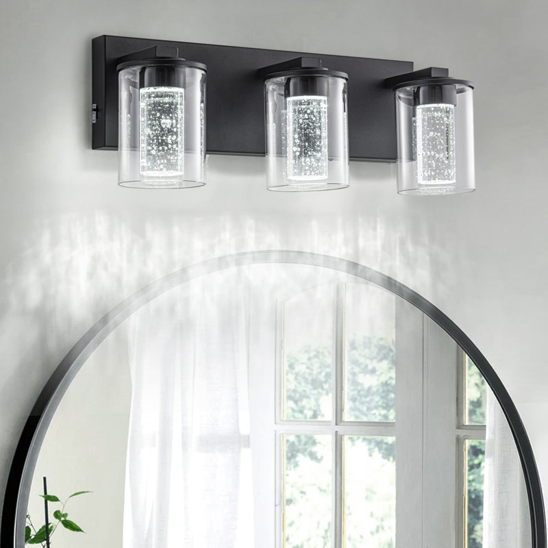 Black Vanity Light (3-Light, 17-Inch), (3000K/4000K/6000K, Dimmable) LED Bathroom Light Fixture, Modern Wall Light Over Mirror with Clear Glass Shade