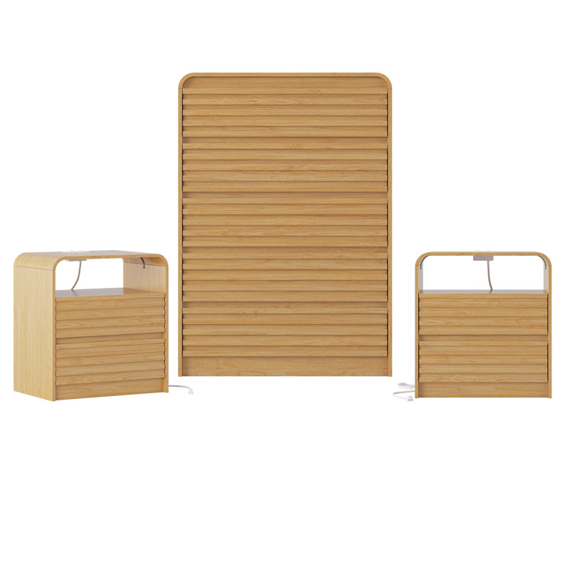 Ensemble de chambre à coucher 3 pièces avec commode à 5 tiroirs et tables de chevet, Natural Oak, 3 Pcs: Chest, 2 Nightstands