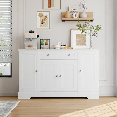 Buffet moderne avec rangement, armoire à café avec tiroir en bois de 55 po, tablettes et tablettes de porte, crédences de table de buffet pour la salle à manger, le salon, le blanc
