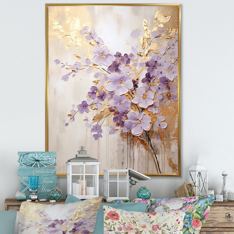 Mauve et or orné de violettes, pré IV - art mural Violettes, H 44 po x l 34 po x P 1,5 po, Cadre flottant doré