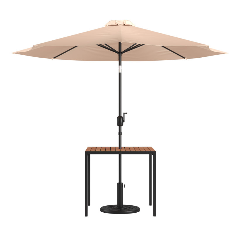 Saville Black Steel Framed 35" Square Faux Teak Patio Table-Tan 9FT Patio Umbrella-Base, Tan Umbrella