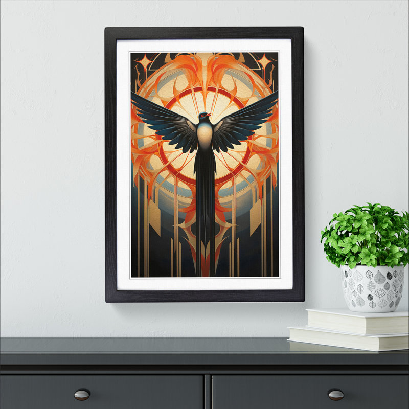 Swallow Art Deco No.2 - Single Picture Frame Print on Wood, Black, 64cm H x 46cm W x 2cm D