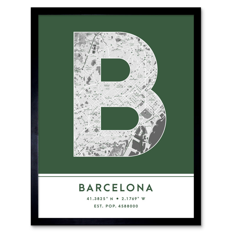 Barcelona City Map Barcelona Green by Wee Blue Coo - Single Picture Frame Typography