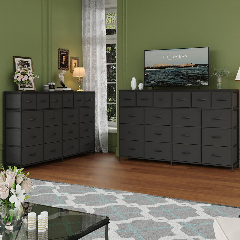 Modern Wide Black Fabric Dresser TV Stand - 63'' Storage Chest with 18 Drawers - Sturdy Steel Frame, Wooden Top, Bedroom or Living Room - Easy Assembly