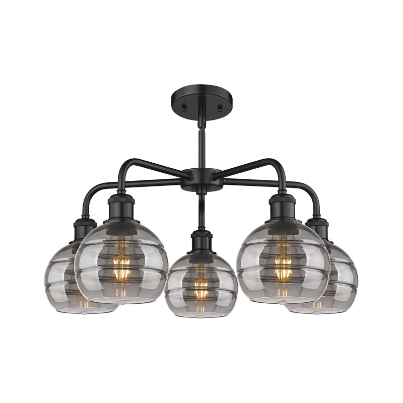 Lustre rond / ovale à abat-jour 5 lumières, H 13,38 po x l 23,88 po x P 23,88 po, Gris fumée clair, Noir mat